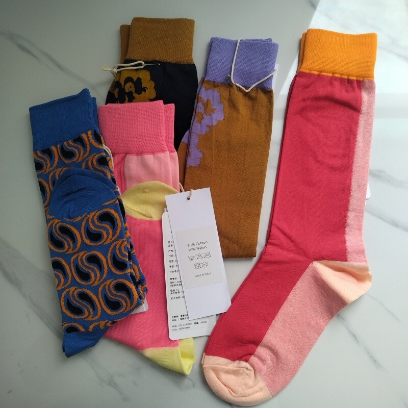 Italian Marn Spring/Summer Artistic Mercerized Cotton Calf Socks, Color-Blocking, Trendy Brand Mid-Tube Slouch Socks for Women