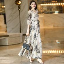 复古水墨印花领连衣裙春夏季新款阔太太高级感气质减龄大摆裙
