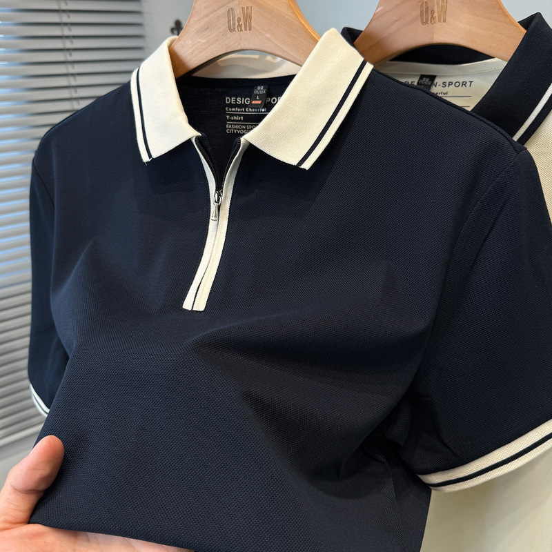 2026 New Summer Youth Zipper Lapel Polo Shirt Men's Short-Sleeved T-Shirt Men's Casual Color Matching