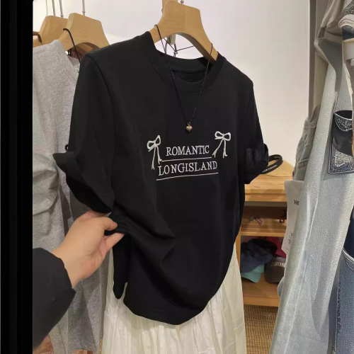 Heavy Industry Embroidered Letter Bow Tie Modal Short Sleeve T-Shirt for Women - Summer Versatile Loose Round Neck Pullover Top Trendy