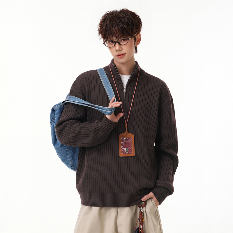 Hanlu | Minimalist Stand Collar Half-Zip Sweater for Men, Autumn/Winter Old Money Vintage Simple Casual Pullover Knitwear Jacket