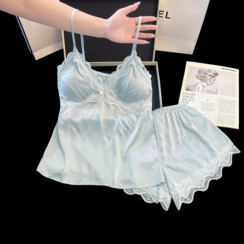 Pajamas for Women Ice Silk Spring and Summer Lace Suspender Shorts Two-Piece Set Exquisite Home Wear Set with Breast Pads Lace Pajamas for Women Ice Silk Spring and Summer Lace Suspender Shorts Two-Piece Set Exquisite Home Wear Set with Breast Pads Lace