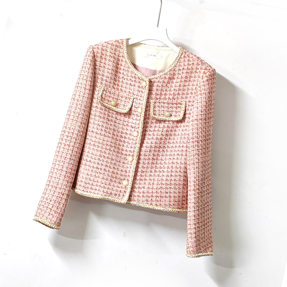 Autumn and winter 2024 new high-grade stitching stand collar slant lapel tweed small fragrant style short coat elegant light luxury top