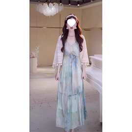 吊带可调节v领吊带连衣裙女夏季百搭长裙+镂空披肩白色开衫两件套