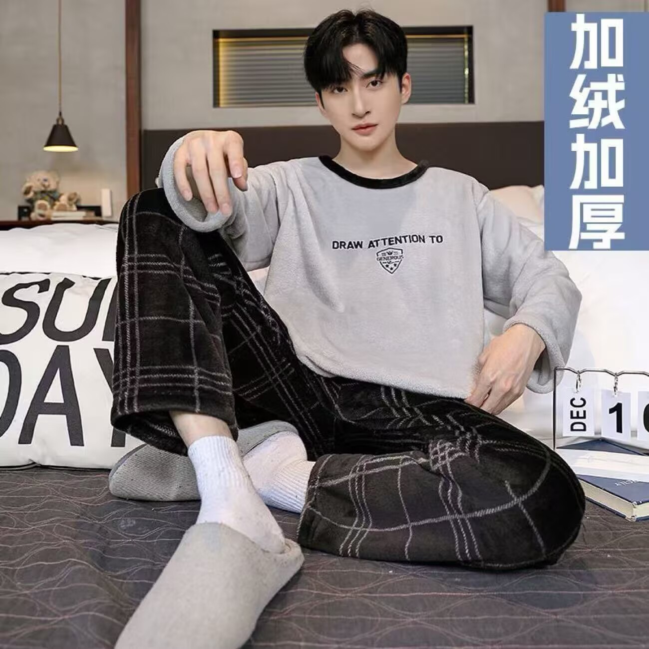 Pijama de hombre de coral vello de invierno otoño hoodie casual hombre invierno cálido franela set de ropa para el hogar