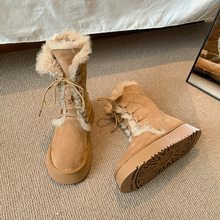 牛皮版~雪地靴女2025新款冬季靴子系带雪地棉加绒加厚底保暖棉鞋