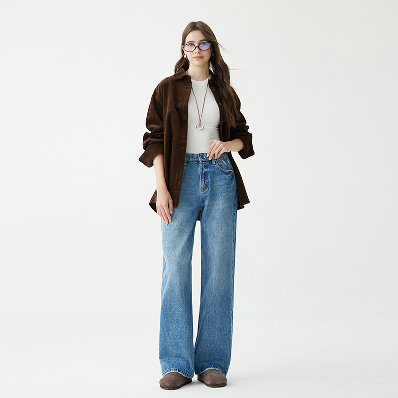 2026 Spring Loose-Fitting Pure Cotton Jeans for Women, High-Waisted, Slimming, Light Blue, High-End, Light Luxury, Washed, Wide-Leg Pants