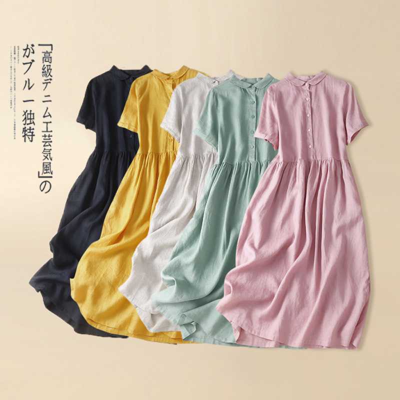 Real shot 2024 summer new literary retro plus size dress solid color loose long dress