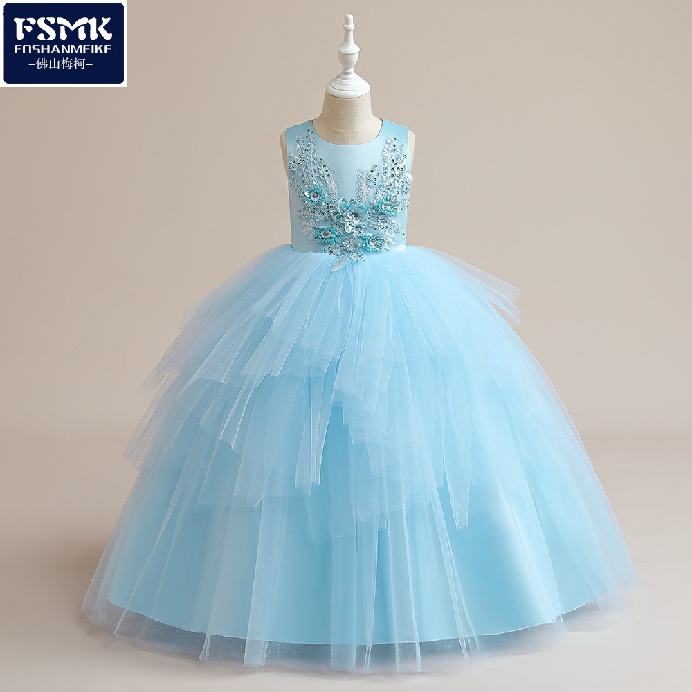 Europa y América nuevo vestido de niña de las flores en stock niñas Vestido largo de la princesa niños medianos y grandes malla pettiskirt vestido de los niños