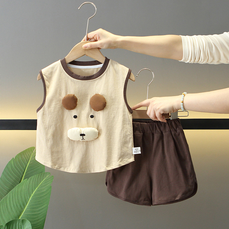 7924 verano nuevo traje de chaleco para hombres y mujeres verano para bebés chaleco de dibujos animados oso traje sin mangas de estilo occidental de dos piezas