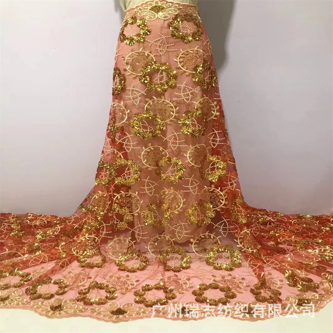 Sequins lace laminación de gran flor posicionamiento patrón de malla de hilo de bordado sequinilla perspectiva desfile vestido de prom tela