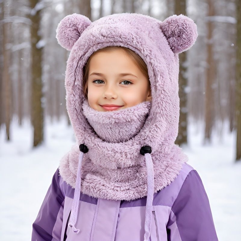 New winter children's warm pullover hat with fleece lining, ear protection, neck warmer, and integrated thickened ski and cycling face mask