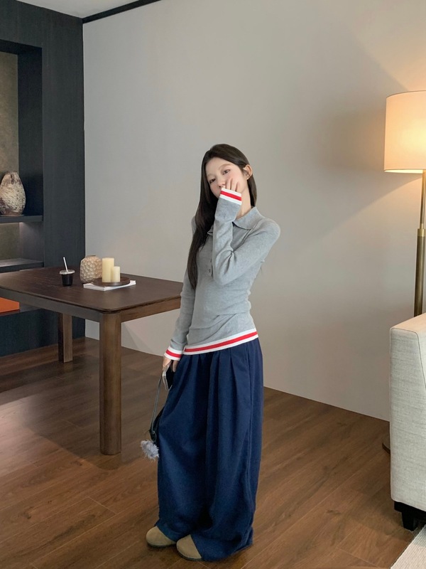 秋冬新款设计感修身显瘦长袖上衣美式复古撞色条纹Polo领纯欲上衣|undefined