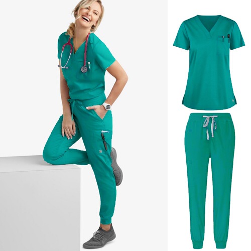 Exported one-piece scrub suit with short sleeves—women’s scrub tops for pet grooming, veterinary doctors, and healthcare workers—medical and nursing attire.