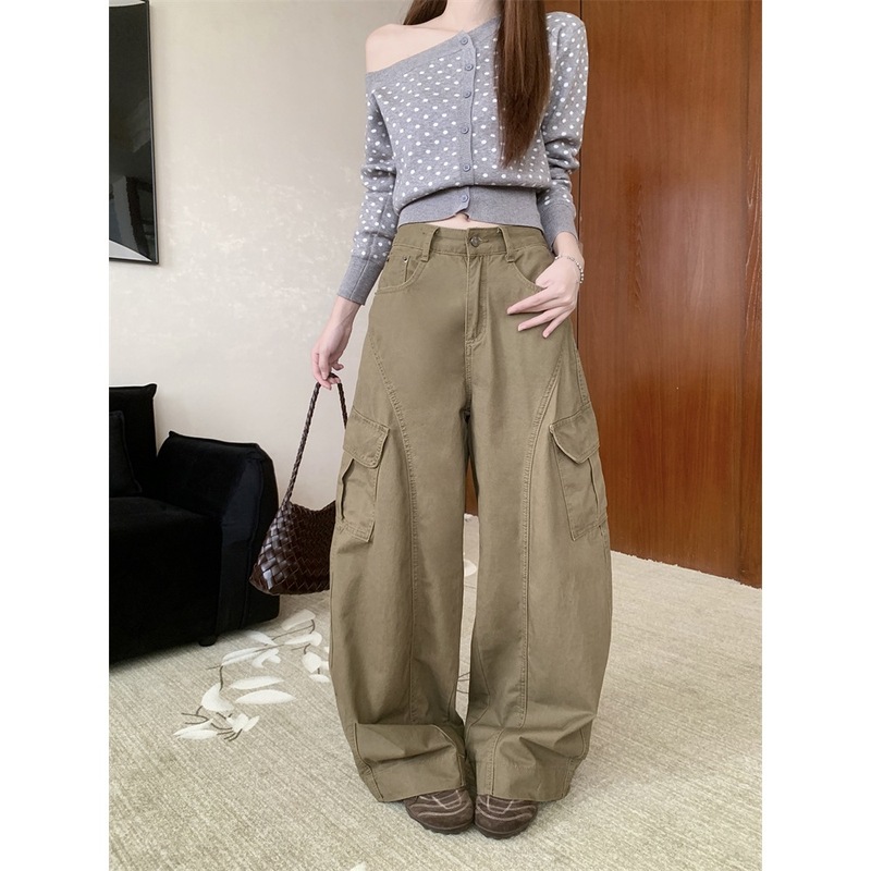 实拍~美式复古弯刀工装裤女韩版高腰宽松阔腿休闲拖地裤长裤88694|undefined