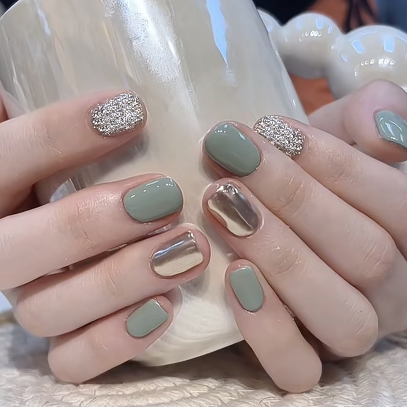 PD-47 green mirror flash silver fake nail piece cross-border wear nail polish piece nail patch finished nail piece wholesale