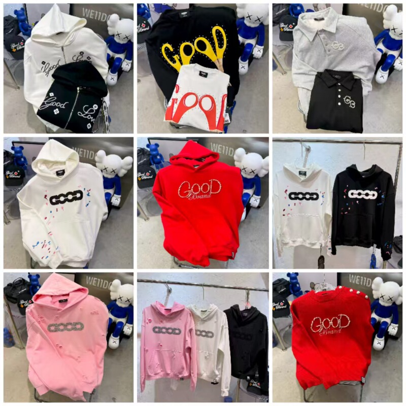 Trendy brand Good diamond-embellished letter print hooded zip-up sweatshirt, American high street style, loose and slimming, couple's set, pants and top Trendy brand Good diamond-embellished letter print hooded zip-up sweatshirt, American high street style, loose and slimming, couple's set, pants and top