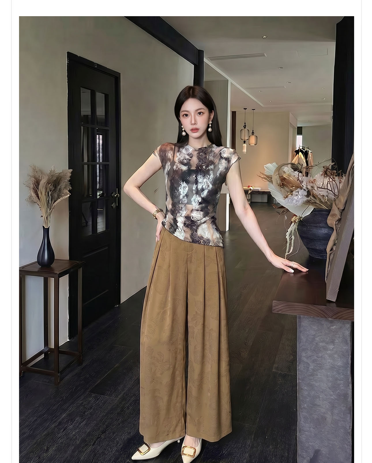 Áo sơ mi dài tay nữ phong cách Tân Trung Hoa, họa tiết in thắt nút ren — Đỏ cam, Trắng nguyệt chi tiết 19