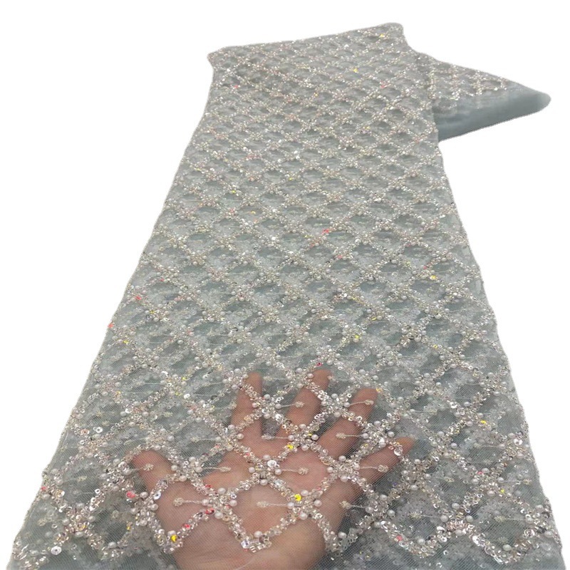Clásico diamante malla arroz cuentas lentejuelas cuentas bordadas tubo lentejuelas bordado tela vestido falda encaje Malla tela JX2994