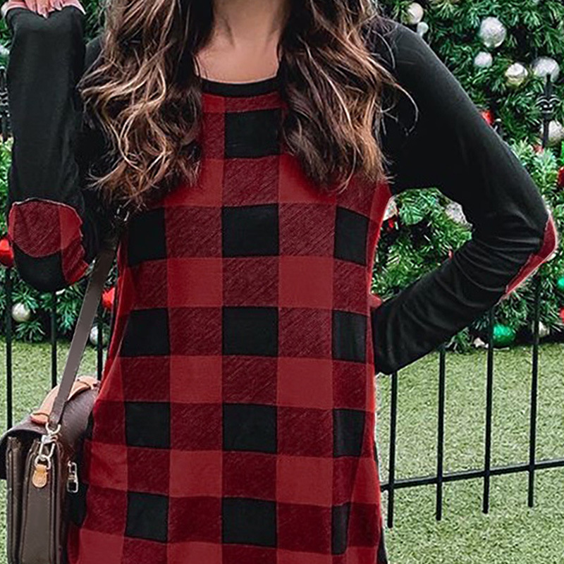 時(shí)穎圣誕節(jié)跨境外貿(mào)上衣女秋亞馬遜新款格子拼接中長款外貿(mào)t恤女