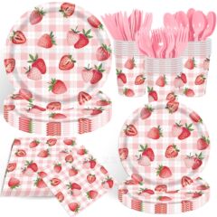 新しいイチゴをテーマにしたパーティー食器使い捨て紙コップ紙皿女の子ピンクフルーツパターンセット