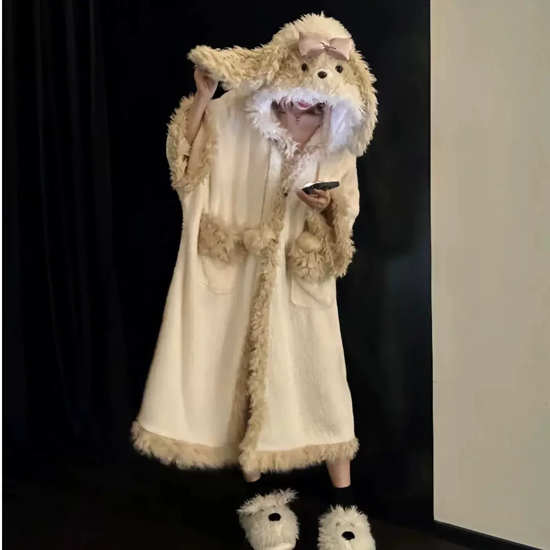 可爱蝴蝶结连帽潦草小狗睡衣女款秋冬新款大码加厚保暖家居服套装