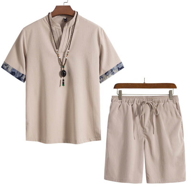 2023 여름 남자의 중국 스타일 반팔 빈티지 셔츠 단색 비치 바지 반바지 티셔츠 세트 아이스 실크 세트