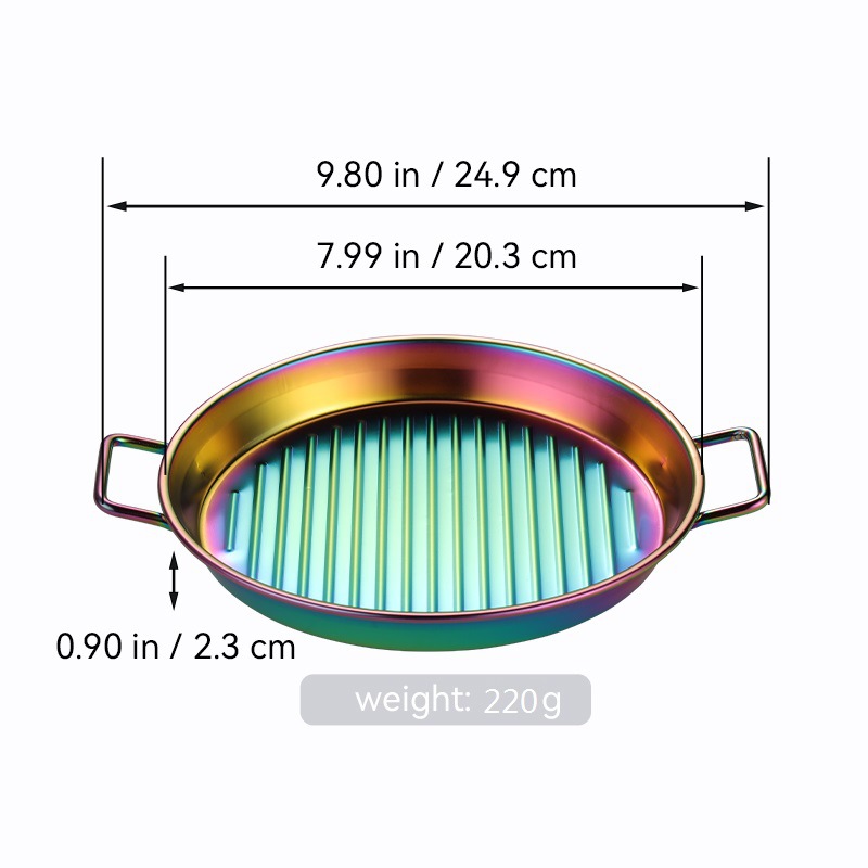 Bandeja redonda de barbacoa de acero inoxidable transfronteriza bandeja de mariscos de doble oreja dorada bandeja de filete bandeja de aperitivos filtrada bandeja de patatas fritas