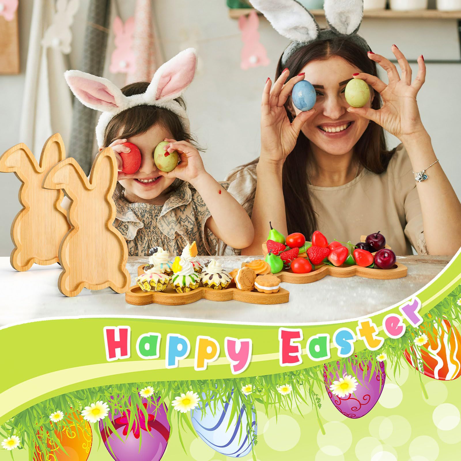 Bambú conejo forma de fruta bocadillo plato de comida de madera para bebés plato de decoración de fiesta de Pascua