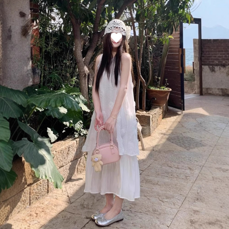 大码夏季法式复古温柔风假两件百褶无袖背心连衣裙女气质长裙|undefined