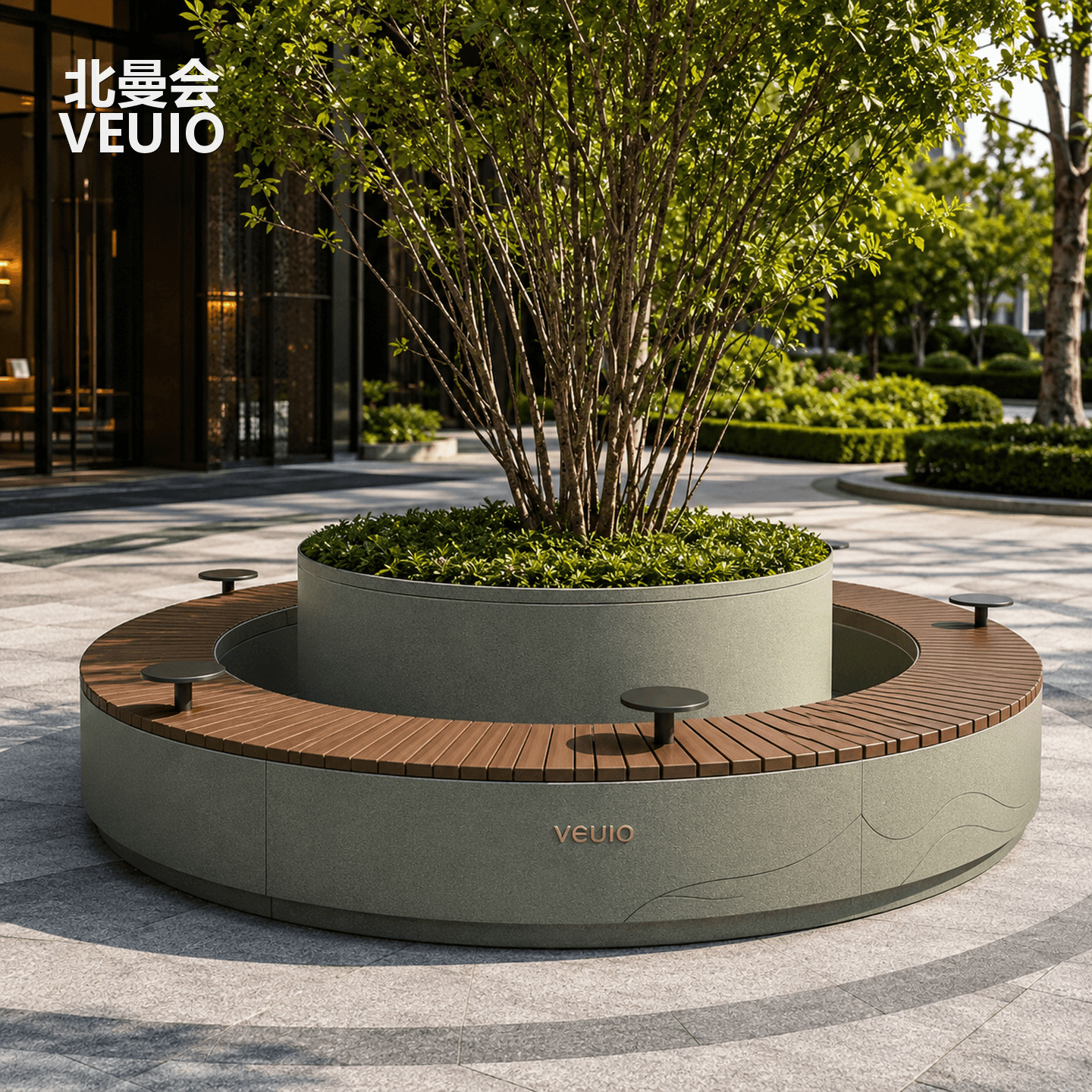 Round tree-surrounding flower box with integrated seating, outdoor landscape tree pit bench, galvanized steel tree-surrounding seating for residential areas and squares
