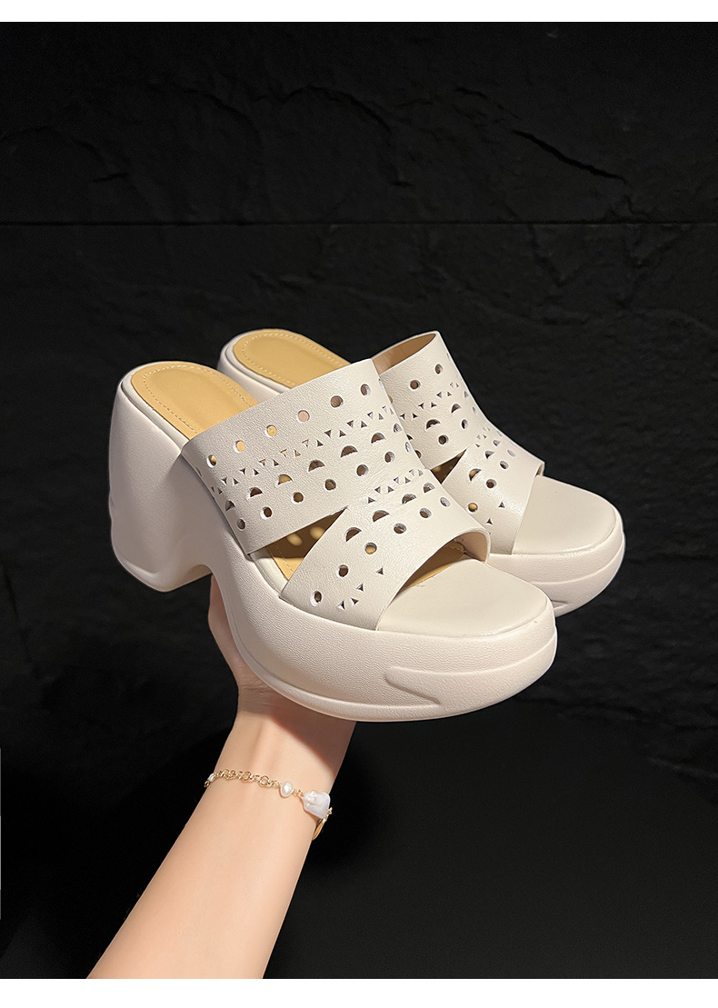 Sandal cao gót nữ hở mũi đế xuồng 10 cm, chất da bò thượng hạng, quai ngang thoáng khí — màu đen, màu trắng ngà chi tiết 17