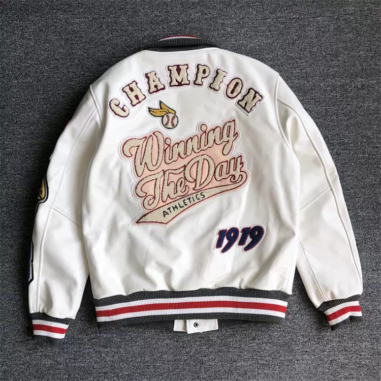 Demi-season baseball uniform, white jacket, genuine leather, with embroidery
