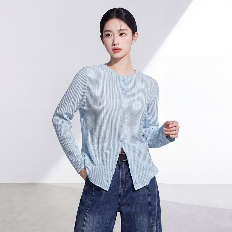 Miyake-Style Women's Spring/Summer Thin Coat with a High-End Feel, Single-Breasted, Loose-Fitting, Solid Color, Versatile Shirt, Sun Protection Clothing, Commuter Cardigan