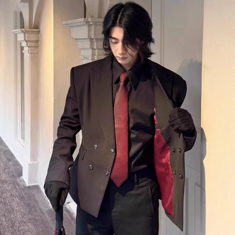 Carmen High-End Red Waist-Cinching Blazer for Men, Autumn Loose Fit Double-Breasted Shoulder-Padded Formal Suit Trendy