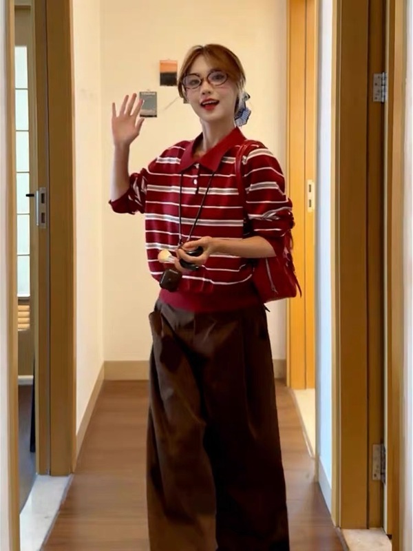 红色polo领条纹针织打底衫女秋季长袖上衣宽松套头设计感内搭毛衣|undefined