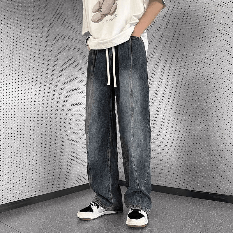 Men's Loose Straight Leg Jeans Style High Street Retro Washed Design Casual Wide Leg Pants Spring Autumn_mkmklike.com