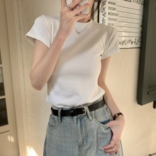 棉白色短袖T恤女夏季新款设计感小众修身显瘦辣妹正肩内搭上衣