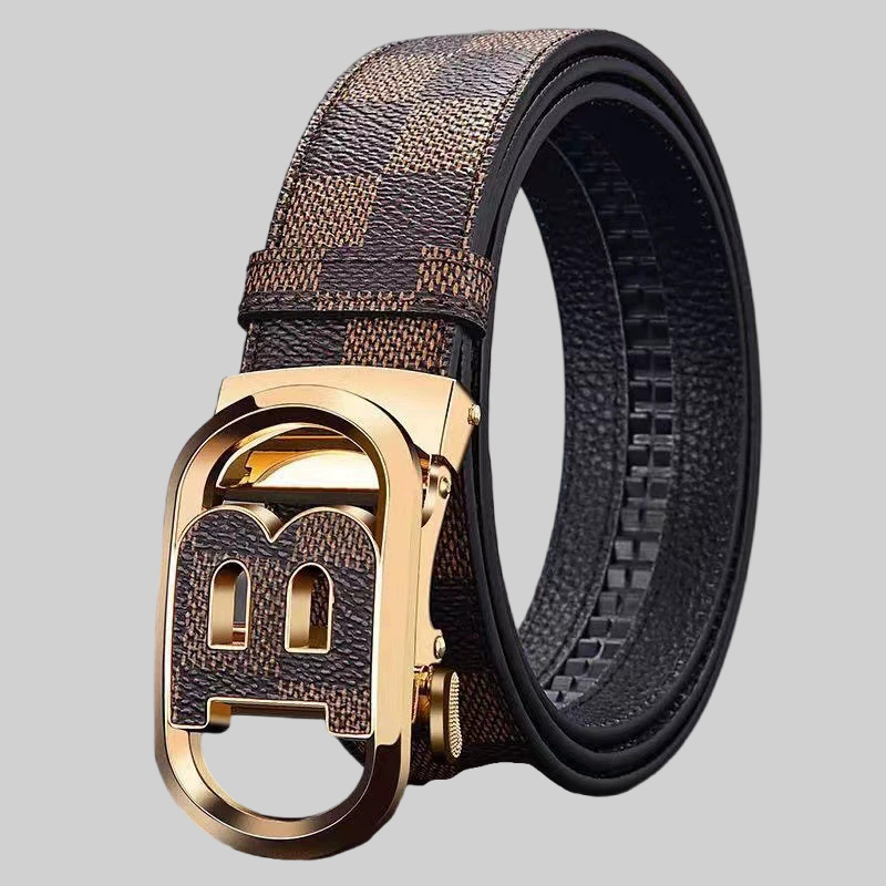 Cinturón de Cuero Genuino de Dos Capas para Hombre, Estampado de Cuadros, Hebilla Automática, Estilo Casual de Lujo