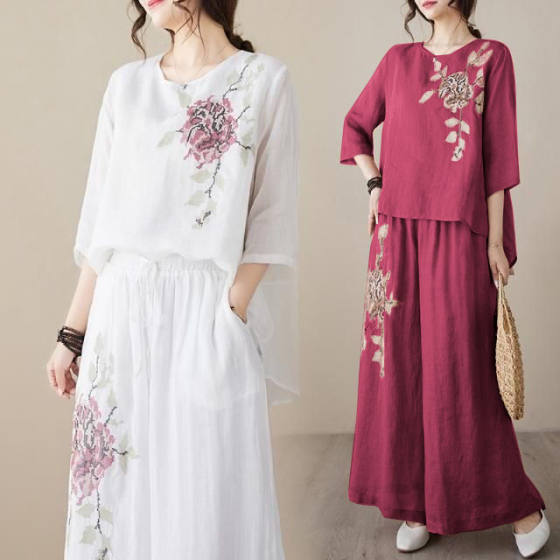 Slimming Wide-leg Pants Cotton Vintage Shirt Lightweight Pullover Mother Two-piece Embroidered suit Fashionable Women's Summer