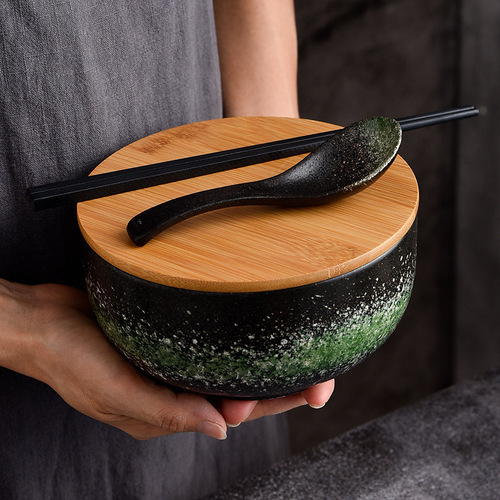 Japanese style instant noodle bowl with lid retro ceramic tableware salad bowl large rice bowl household beef noodle soup bowl wholesale
