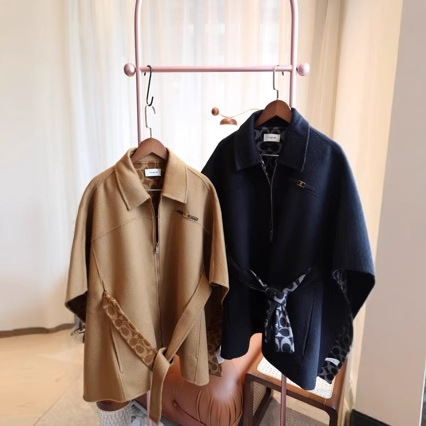 Elegant 2024 Autumn/Winter Melad Double-Sided Wool Coat for Women with Stand Collar, High-Cool Casual Shawl Cape New Style