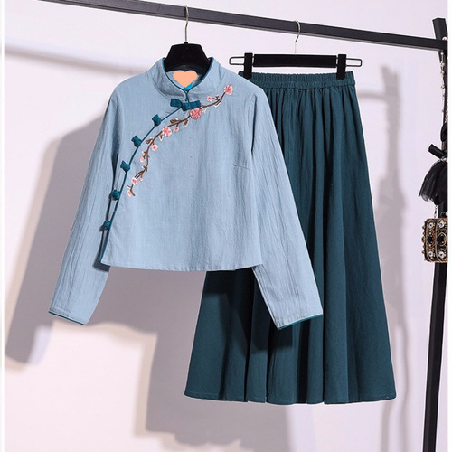 Improved Hanfu Women's Ancient Costume Chinese Style Republican Style Embroidered Cotton Linen Tea Dress Traditional Costume Set