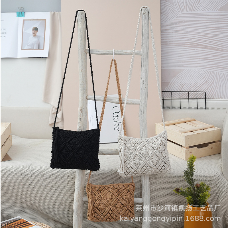 简约流苏手拿包复古棉绳手挽编织包女士斜挎包夏日度假旅游沙滩包