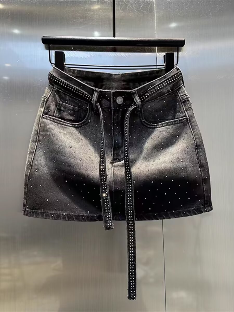Retro Farbverlauf Denim Midi Rock Mit Strass Hochtailliert Slim_voghion.com