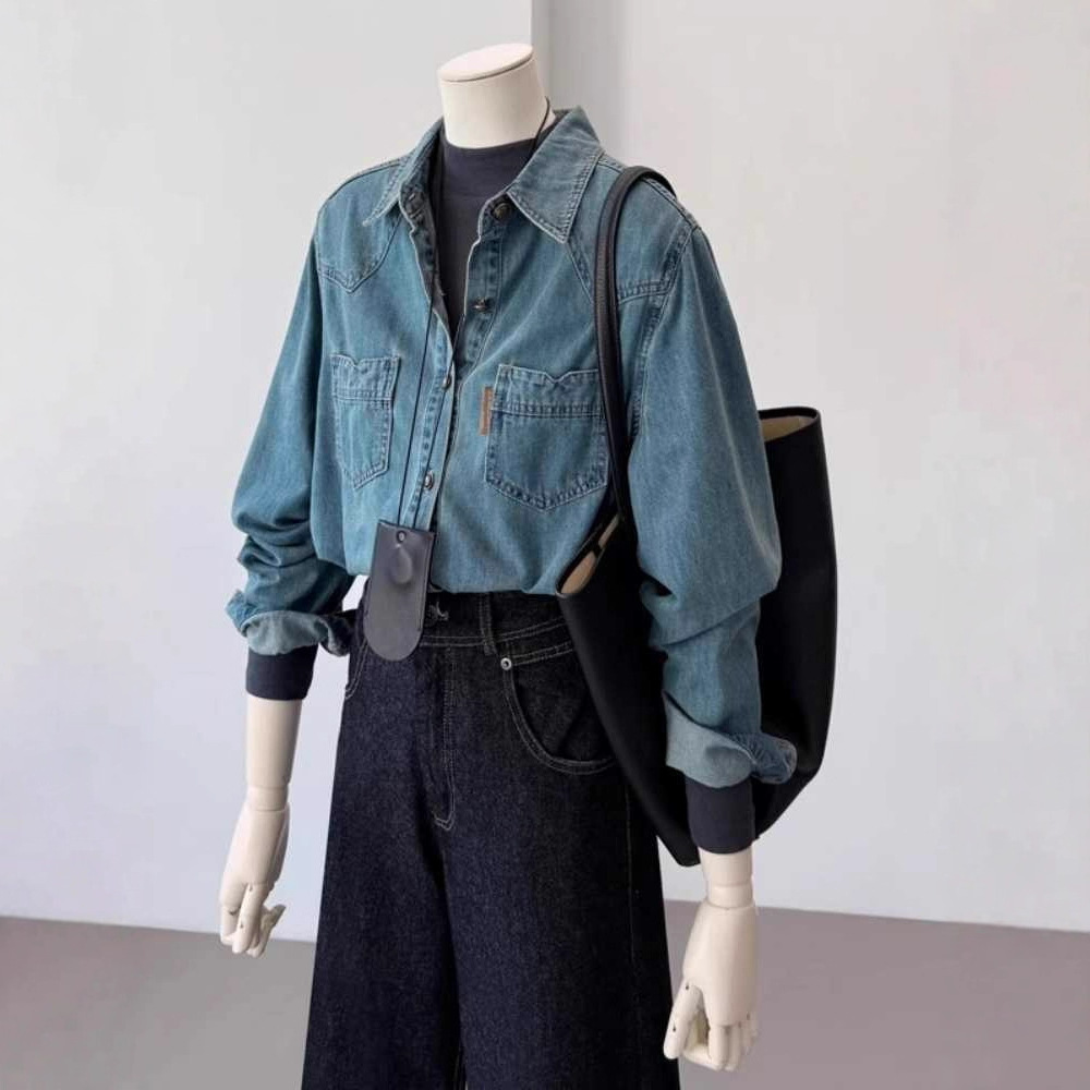 Vintage Hong Kong Style Blue Denim Shirt for Women, Spring and Autumn Design, Layered Versatile Petite Regular Shoulder Top Jacket Trendy