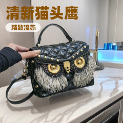 跨境外贸品女包个性菱格小方包潮2025新款时尚猫头鹰斜挎流苏包