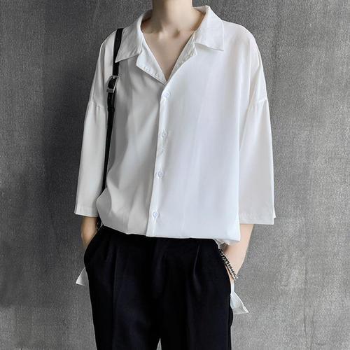 Front-Opening Collar Suit Shirt for Men, Korean Style Trendy Loose Seven-Sleeve Top, Hong Kong Style Thin Short Sleeve Blouse, Cool and Suave Short Sleeve Shirt