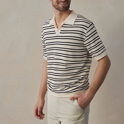 2025 Summer V-Neck Ice Silk Striped Polo Shirt for Men, Simple and Fashionable, Turn-up Collar Short Sleeve T-Shirt