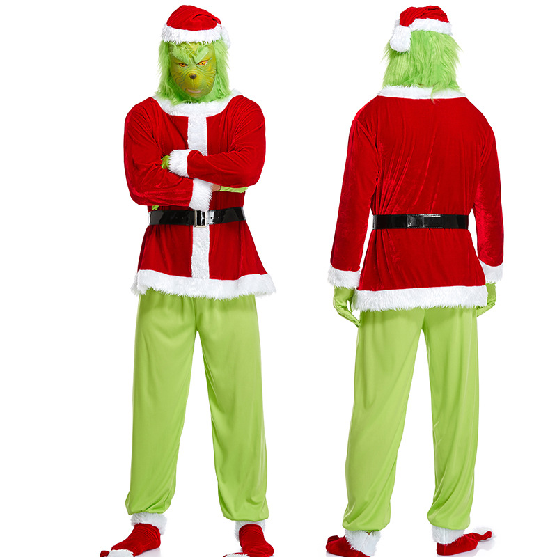 Traje de Navidad de monstruo de piel verde traje de monstruo de piel verde máscara de traje de Santa Claus Grinch juego transfronterizo adulto image 3